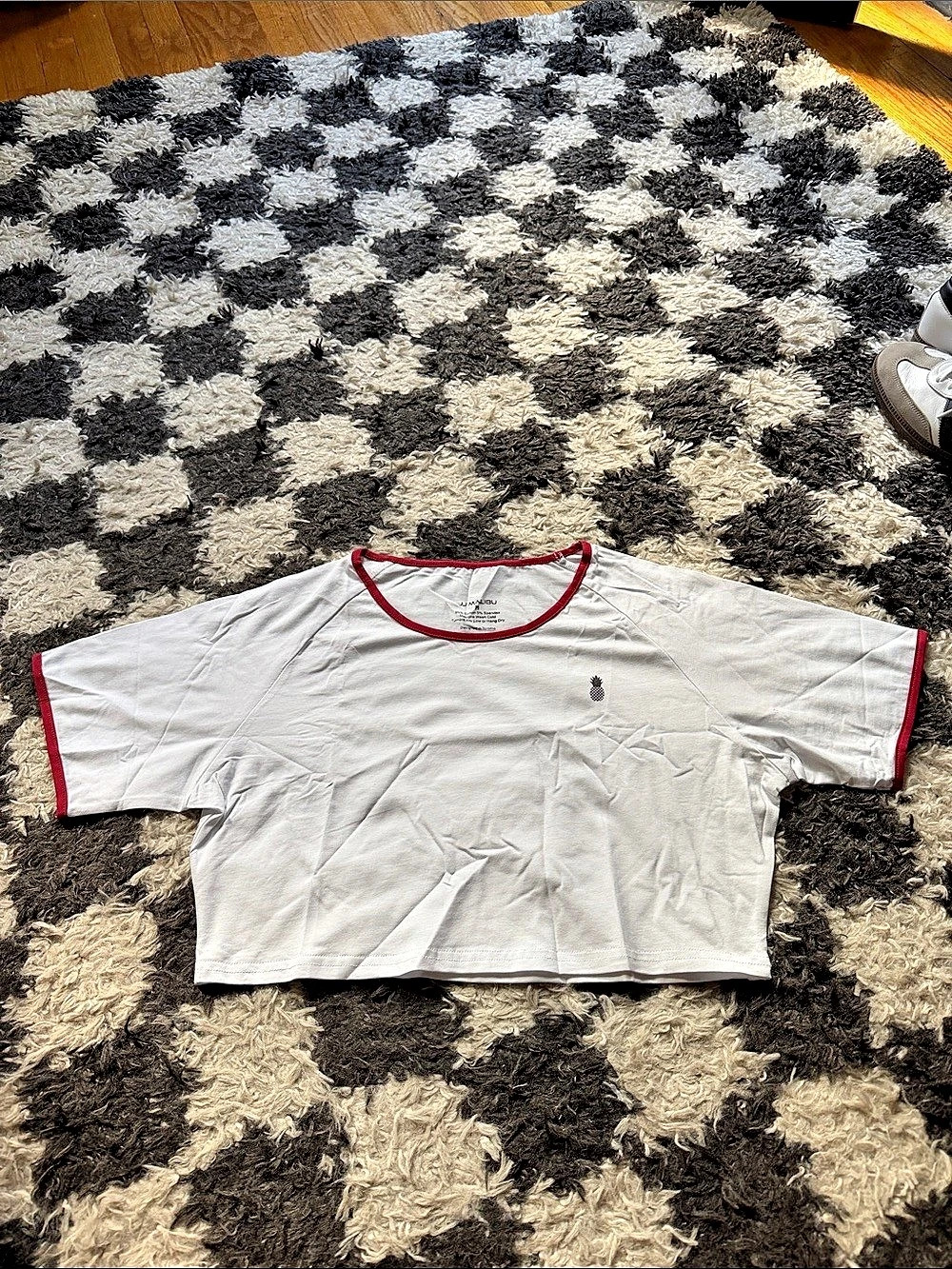 JJ Malibu Ringer Crop Top Short Sleeve Tee White & Red Medium